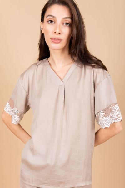 Ladies Taupe Satin White Lace Top