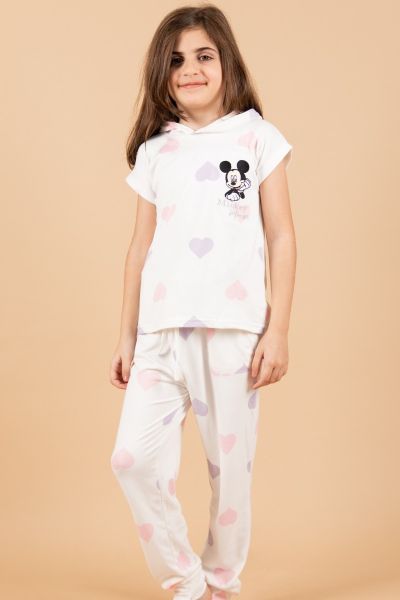 Girls White Pink Lilac Heart Mickey Hooded PJ