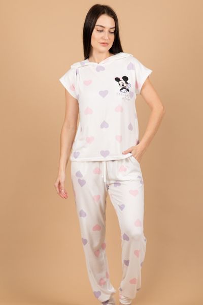 Ladies White Pink Lilac Heart Mickey Hooded PJ