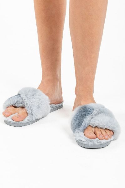 Ladies Light Grey Twisted Toe Fur Slipper