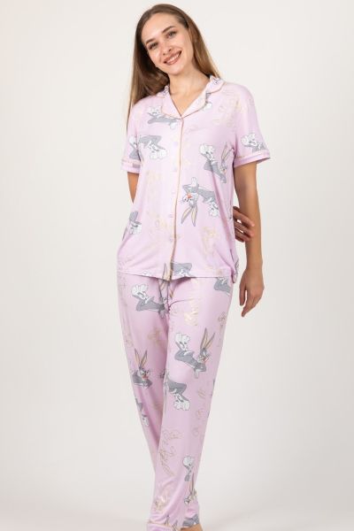 Ladies Pink Bugs With Gold Foil Printed Button Through PJ
