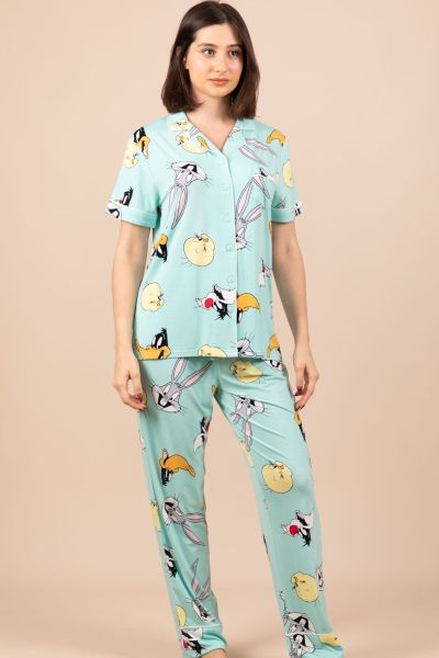 Ladies Mint Looney Tunes Characters Button Through PJ