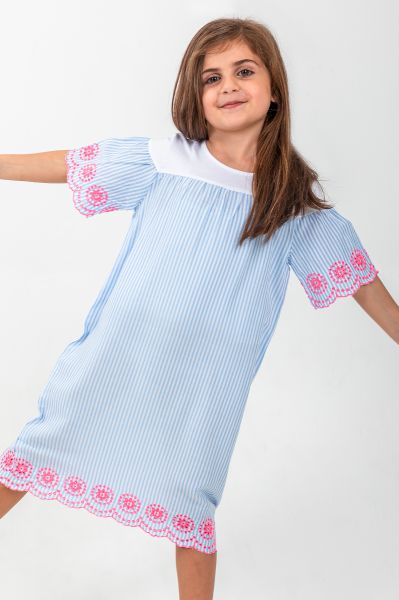 Girls Blue & White Stripe Pink Embroidery Night Dress