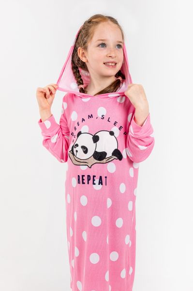 Girls Pink Polka Panda Hooded Night Dress