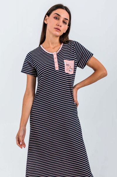 Ladies Navy Stripe Peach Trim Night Dress