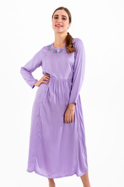Ladies Lilac Embroidery Neck Night Dress
