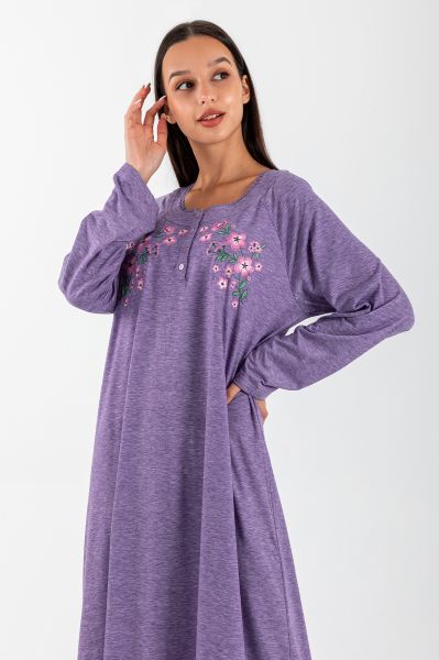 Ladies Purple Embroidery Floral Neck Night Dress