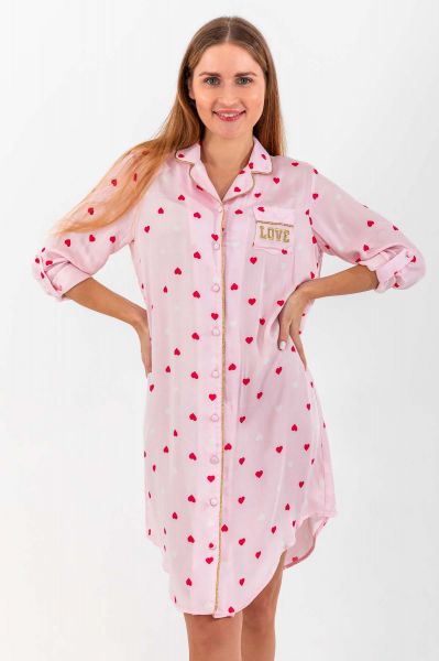 Ladies Pink Heart Print Button Through Nightshirt