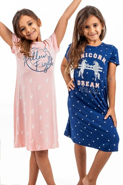 Girls Peach & Navy Unicorn 2 Pack Nightdress