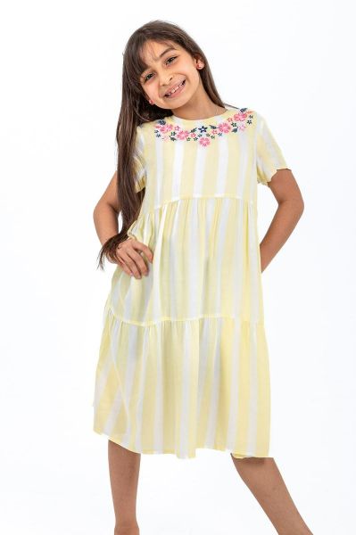 Girls Lemon & White Stripe with Embroidery Neck Night Dress