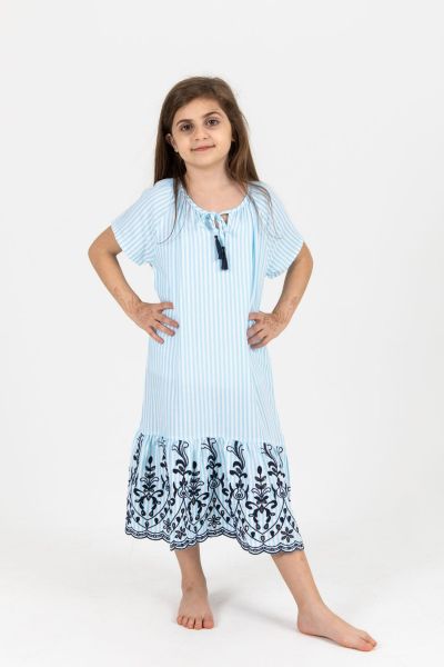 Girls Blue & White Stripe Embroidery Hem Dress