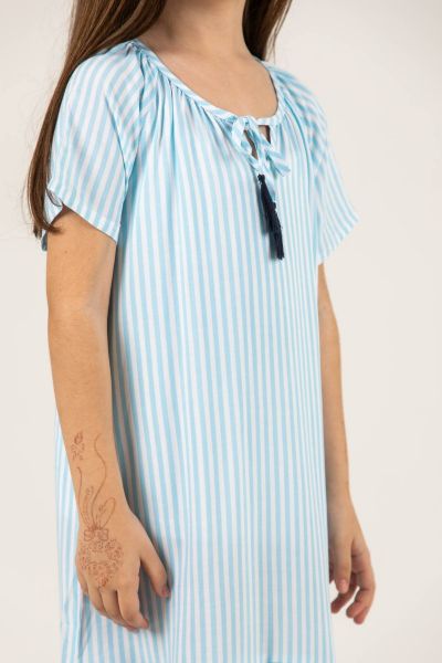 Girls Blue & White Stripe Embroidery Hem Dress