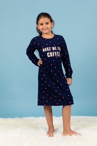 Girls Navy Star Wake Me For Coffee Hooded Nightdress