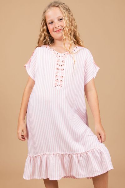Girls Peach & White Stripe Embroidery Dress