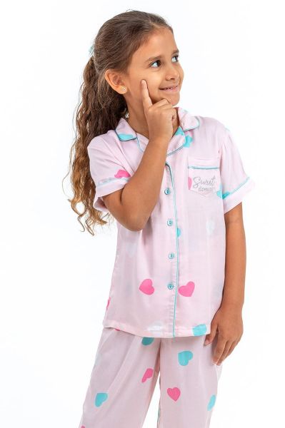 Girls Pink Colored Hearts Button Through PJ