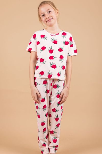 Girls Peach Strawberry Printed PJ