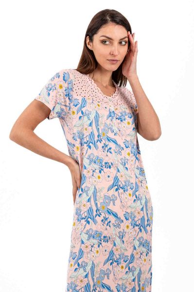 Ladies Peach Embroidery Floral Night Dress
