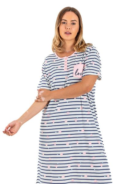 Ladies Plus Size Navy & White Stripe Heart Night Dress