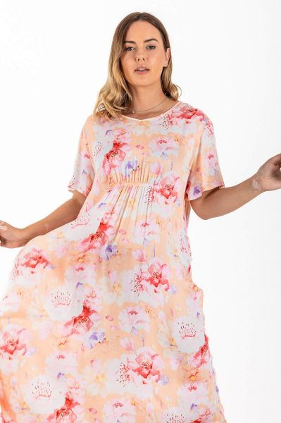Ladies Peach Water Color Floral Plus Size Dress