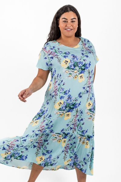 Ladies Aqua Floral Frill Hem Plus Size Dress