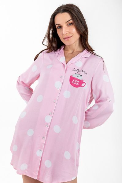 Ladies Light Pink Polka Sloth Pocket Button Through Night Shirt