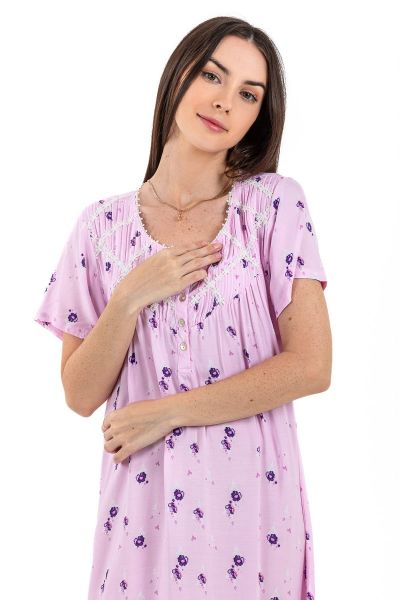 Ladies Lilac Floral Daisy Lace Neck Nightdress