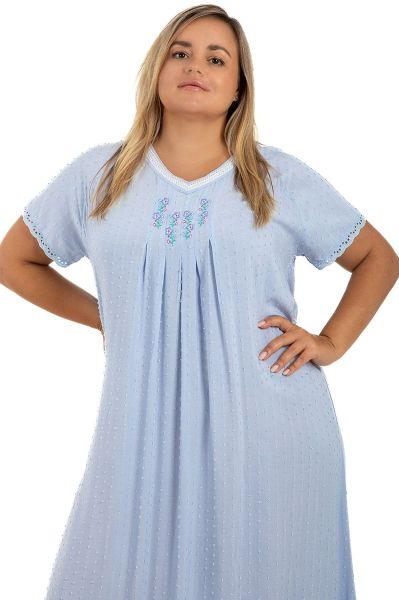 Ladies Blue Dobby Embroidery Neck Nightdress