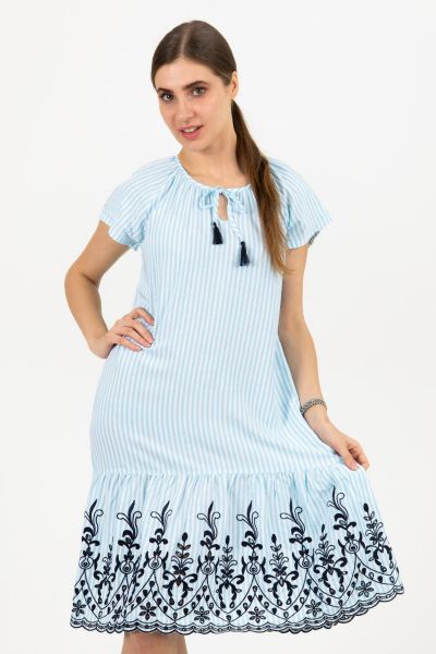 Ladies Blue & White Stripe Embroidery Hem Dress