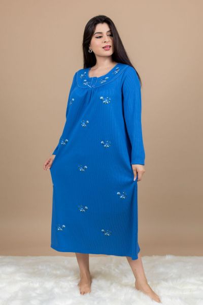 Ladies Blue Embroidery Floral Waffle Nightdress 