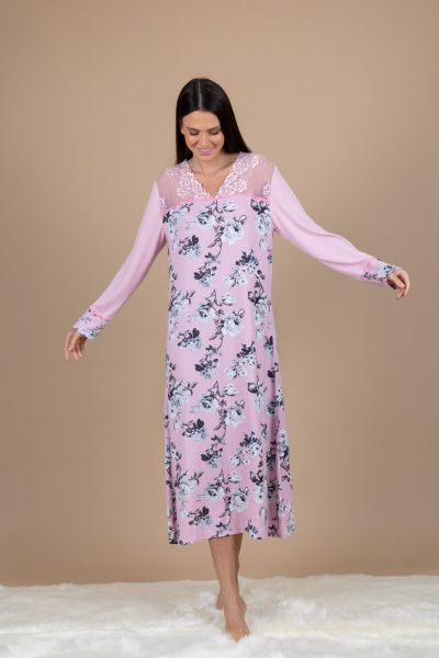 Ladies Mauve Grey Floral Lace Neck Nightdress