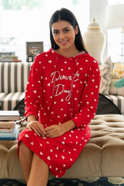 Ladies Red Heart Duvet Day Hooded Nightdress