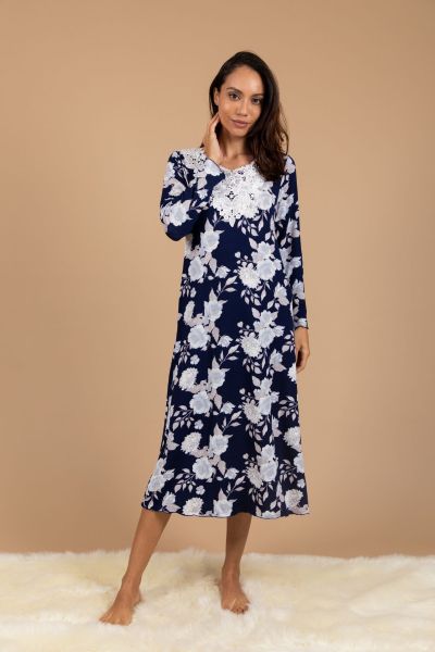 Ladies Blue Floral Lace Neck Nightdress