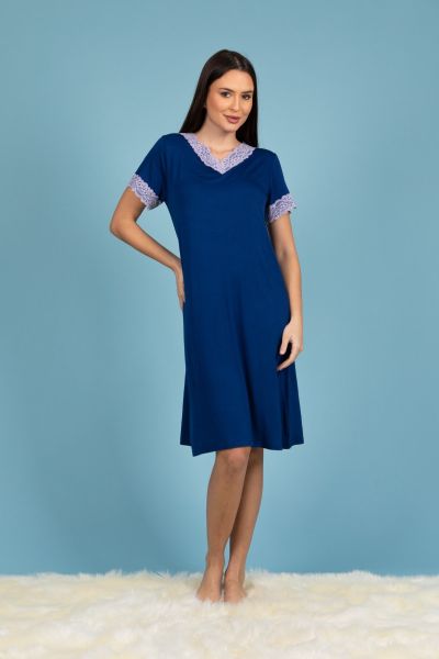 Ladies Navy Nightdress With Contrast Lace