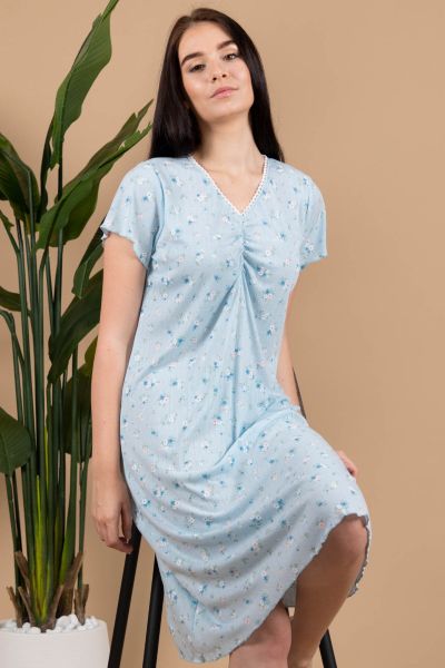Ladies Blue Pointelle Ditsy Floral Nightdress