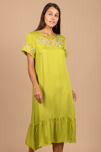 Ladies Olive Gold Embroidery Dress