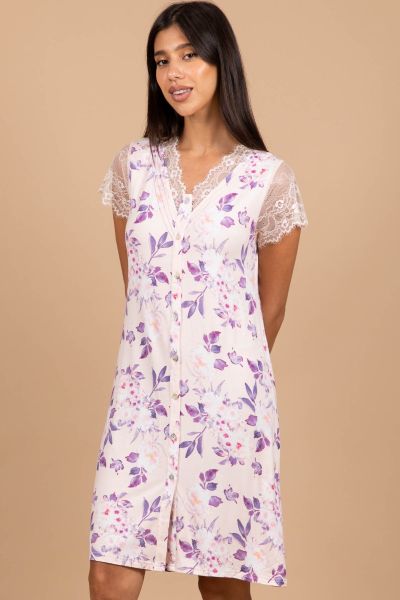 Ladies Peach Floral Button Through Lace Sleeves Nightdress