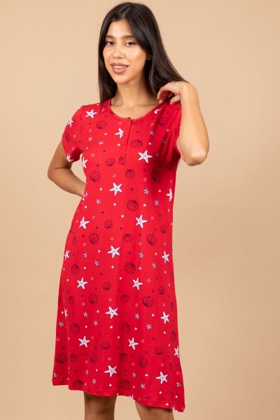Ladies Red Shell Printed Nightdress