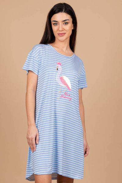 Ladies Blue Stripe Sequin Flamingo Nightdress