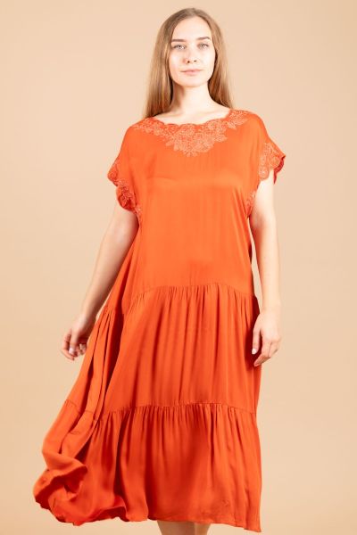 Ladies Burnt Orange Embroidery Neck Dress
