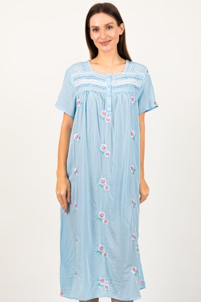 Ladies Blue Embroidery Floral Nightdress