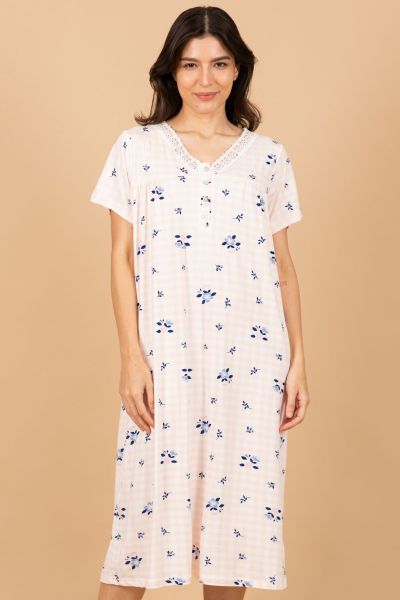 Ladies Peach Gingham Check Floral Nightdress