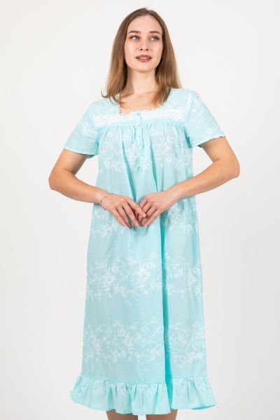 Ladies Mint Embroidery Floral Woven Nightdress
