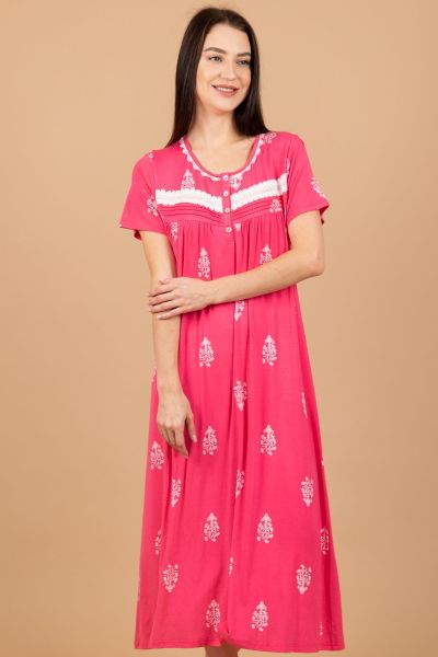 Ladies Pink Flower Motif Knitted Nightdress