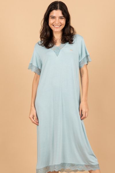 Ladies Light Teal Lace Neck Nightdress