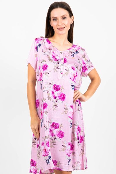 Ladies Pink Floral Frill Neck Button Through Nightdress