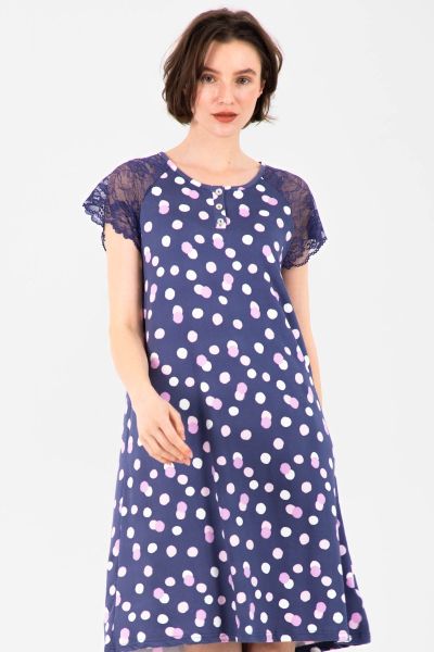 Ladies Navy Spot Lace Sleeves Nightdress