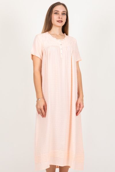 Ladies Peach Embroidery Woven Dobby Nightdress