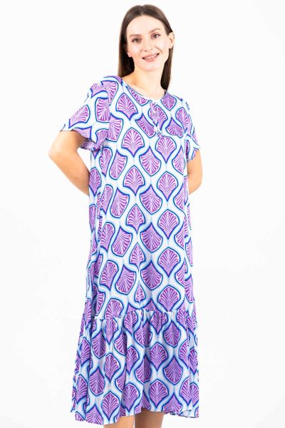 Ladies White Purple Shell Geo Print Dress