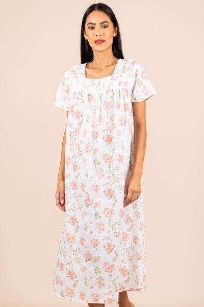 Ladies White Embroidery Blue Floral Nightdress