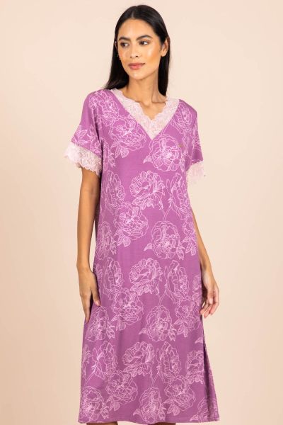 Ladies Mauve Outline Floral Nightdress